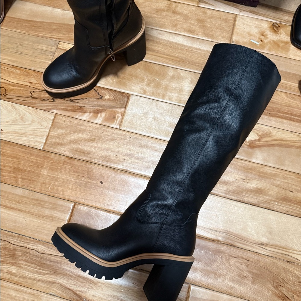 Dolce Vita Cory H2O | Black Tan Leather Knee High Boots | Chunky Heel
